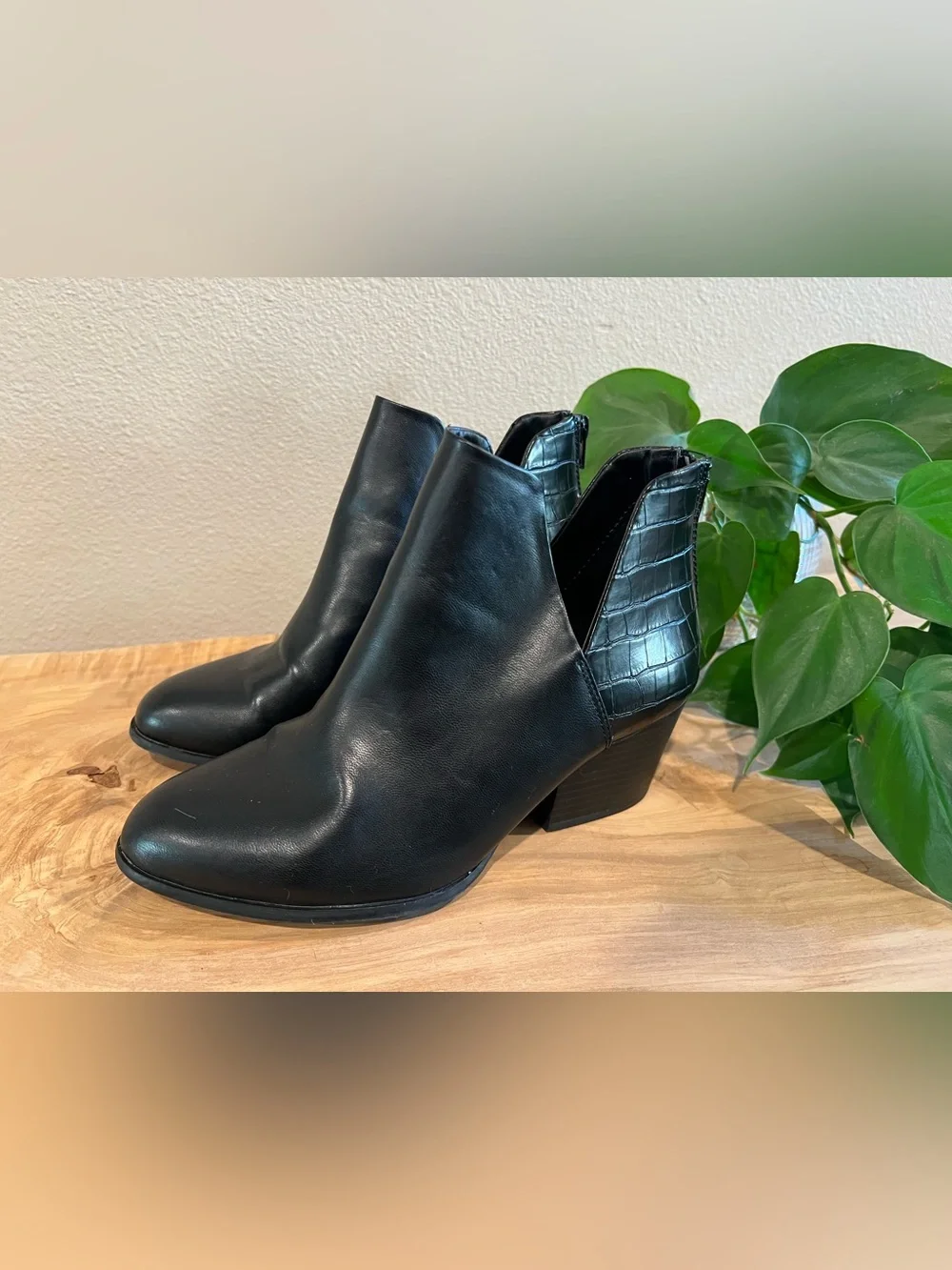 Women's Black Ankle Booties with Croc-Embossed Heel